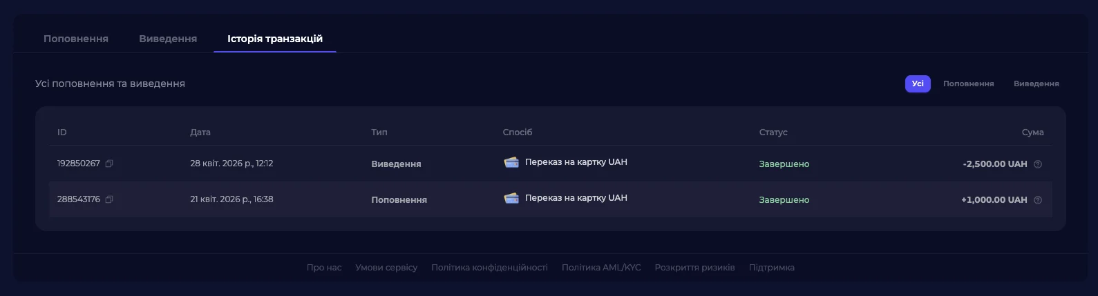 Статус заявки на виведення в розділі «Гаманець» особистого кабінету Comfortrade